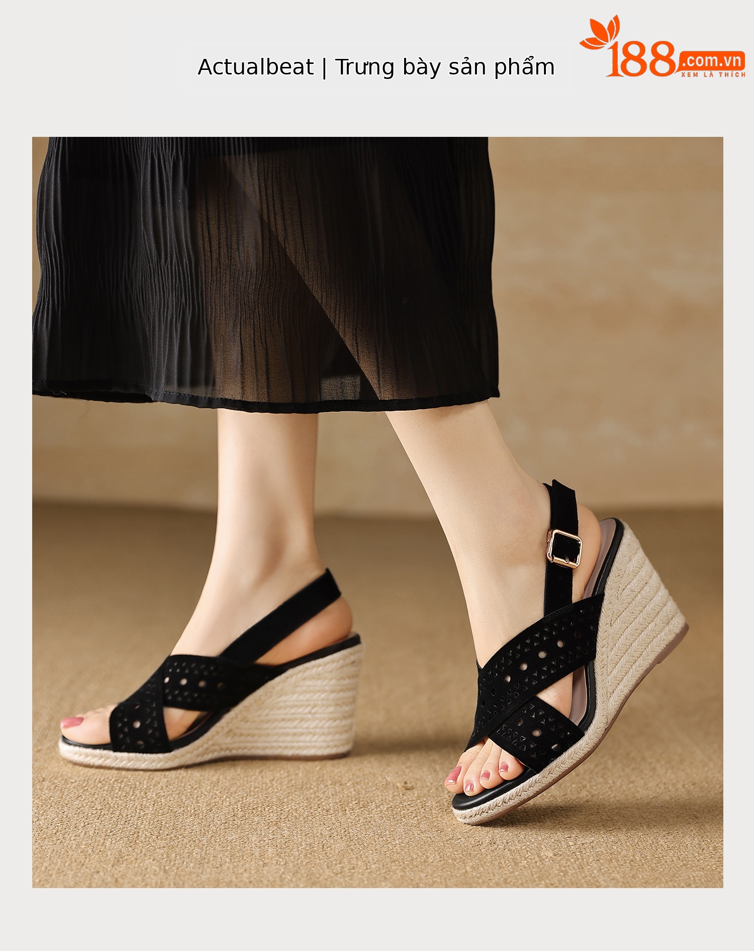 Sandal cao gót nữ quai chéo hở mũi đế xuồng bện rơm gót 8 cm — màu nâu, màu đen chi tiết 8