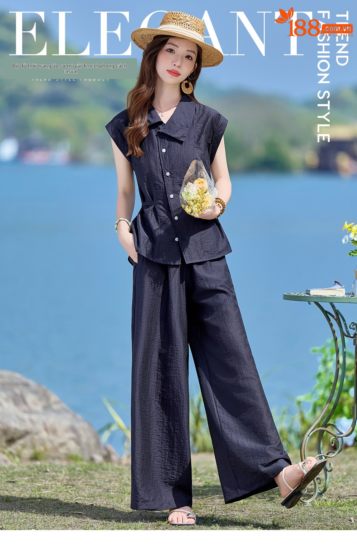 Bộ hai mảnh sơ mi phối quần ống rộng phong cách Pháp cổ điển, thiết kế thanh lịch, tôn dáng — Xanh lông mòng đen, màu xám chi tiết 1