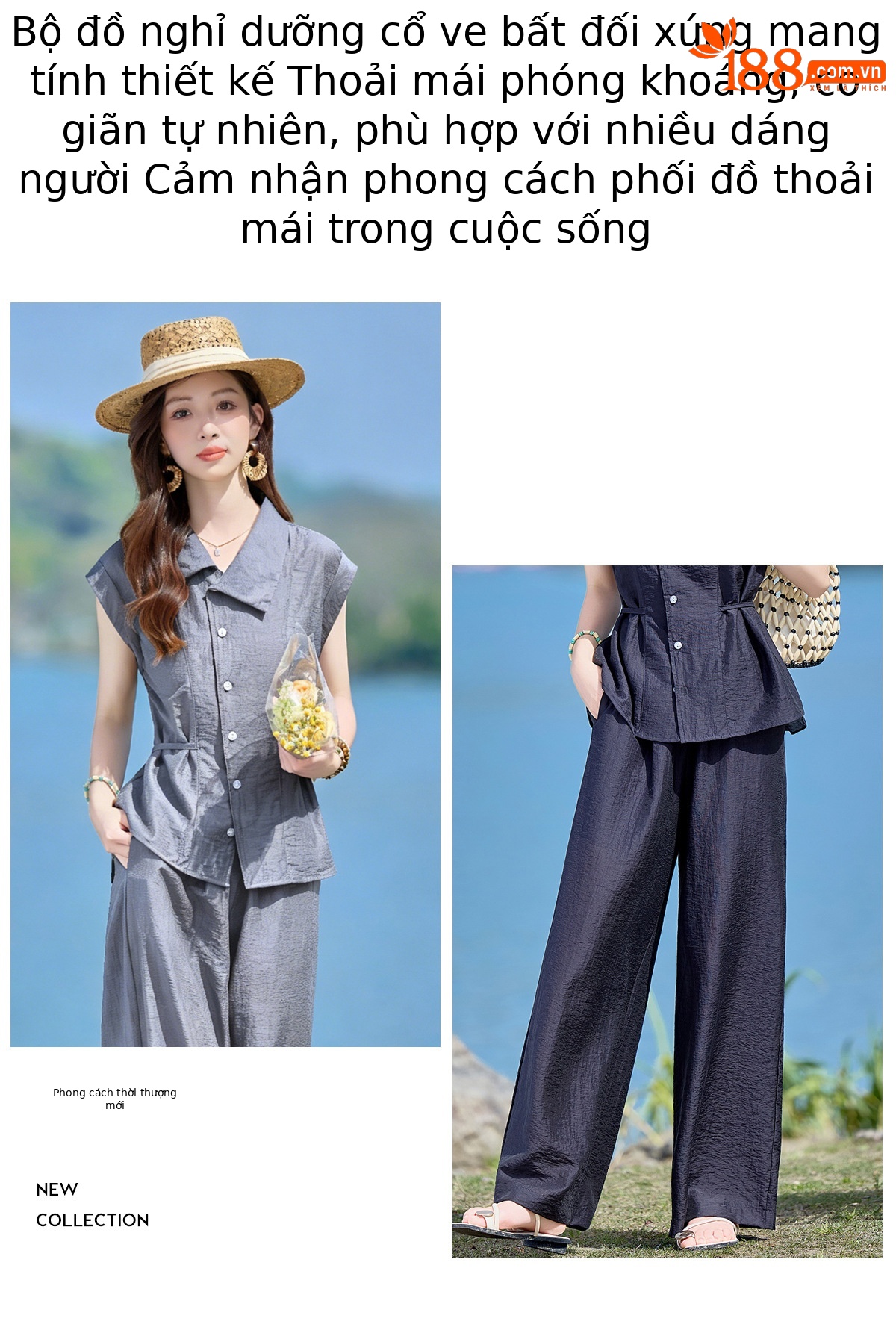 Bộ hai mảnh sơ mi phối quần ống rộng phong cách Pháp cổ điển, thiết kế thanh lịch, tôn dáng — Xanh lông mòng đen, màu xám chi tiết 3
