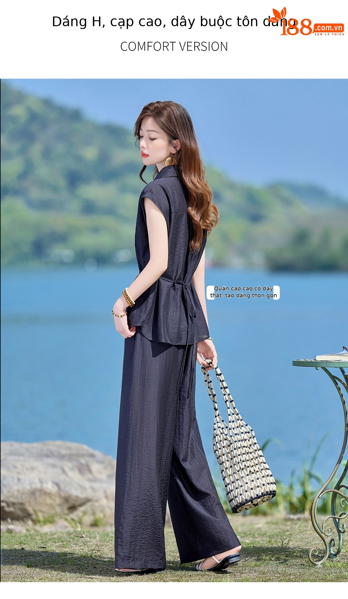 Bộ hai mảnh sơ mi phối quần ống rộng phong cách Pháp cổ điển, thiết kế thanh lịch, tôn dáng — Xanh lông mòng đen, màu xám chi tiết 5