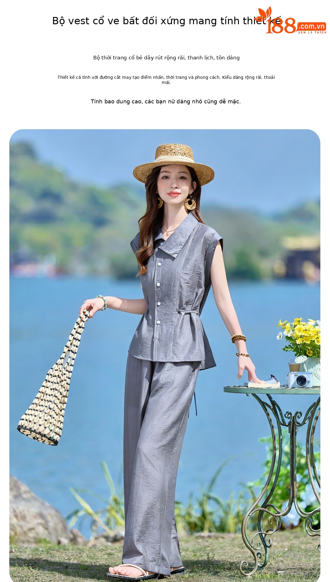 Bộ hai mảnh sơ mi phối quần ống rộng phong cách Pháp cổ điển, thiết kế thanh lịch, tôn dáng — Xanh lông mòng đen, màu xám chi tiết 8