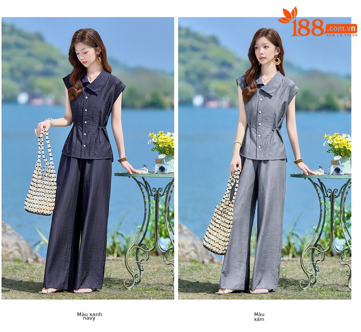 Bộ hai mảnh sơ mi phối quần ống rộng phong cách Pháp cổ điển, thiết kế thanh lịch, tôn dáng — Xanh lông mòng đen, màu xám chi tiết 12