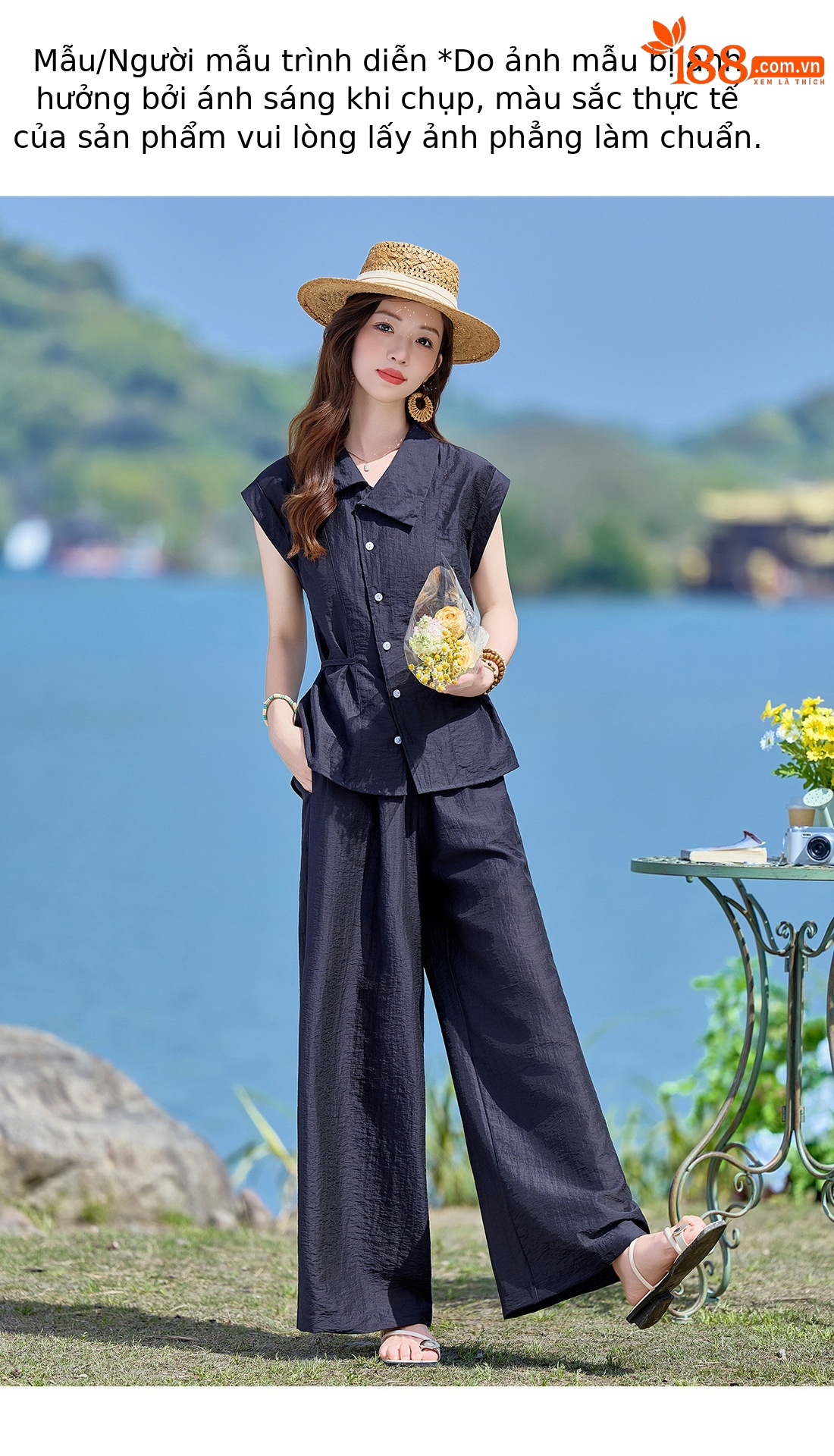Bộ hai mảnh sơ mi phối quần ống rộng phong cách Pháp cổ điển, thiết kế thanh lịch, tôn dáng — Xanh lông mòng đen, màu xám chi tiết 13