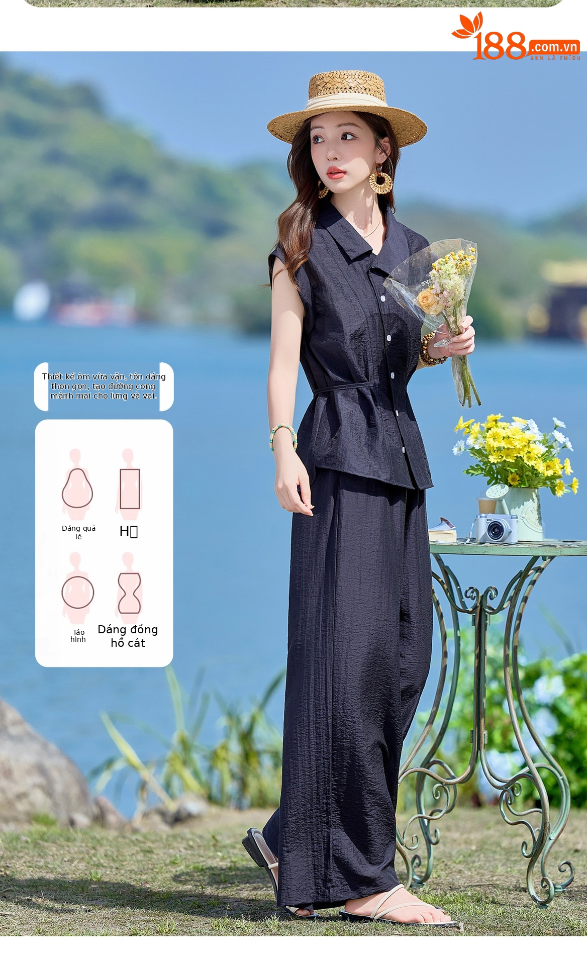 Bộ hai mảnh sơ mi phối quần ống rộng phong cách Pháp cổ điển, thiết kế thanh lịch, tôn dáng — Xanh lông mòng đen, màu xám chi tiết 9
