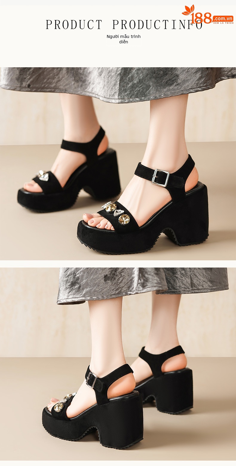 Sandal cao gót nữ quai ngang đế dày, mũi hở, phối đá lấp lánh, gót 9 cm — màu đen, Rượu vang đỏ chi tiết 2