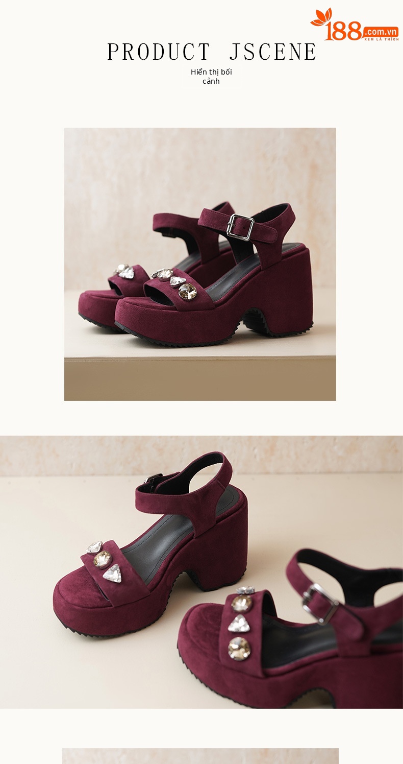 Sandal cao gót nữ quai ngang đế dày, mũi hở, phối đá lấp lánh, gót 9 cm — màu đen, Rượu vang đỏ chi tiết 5