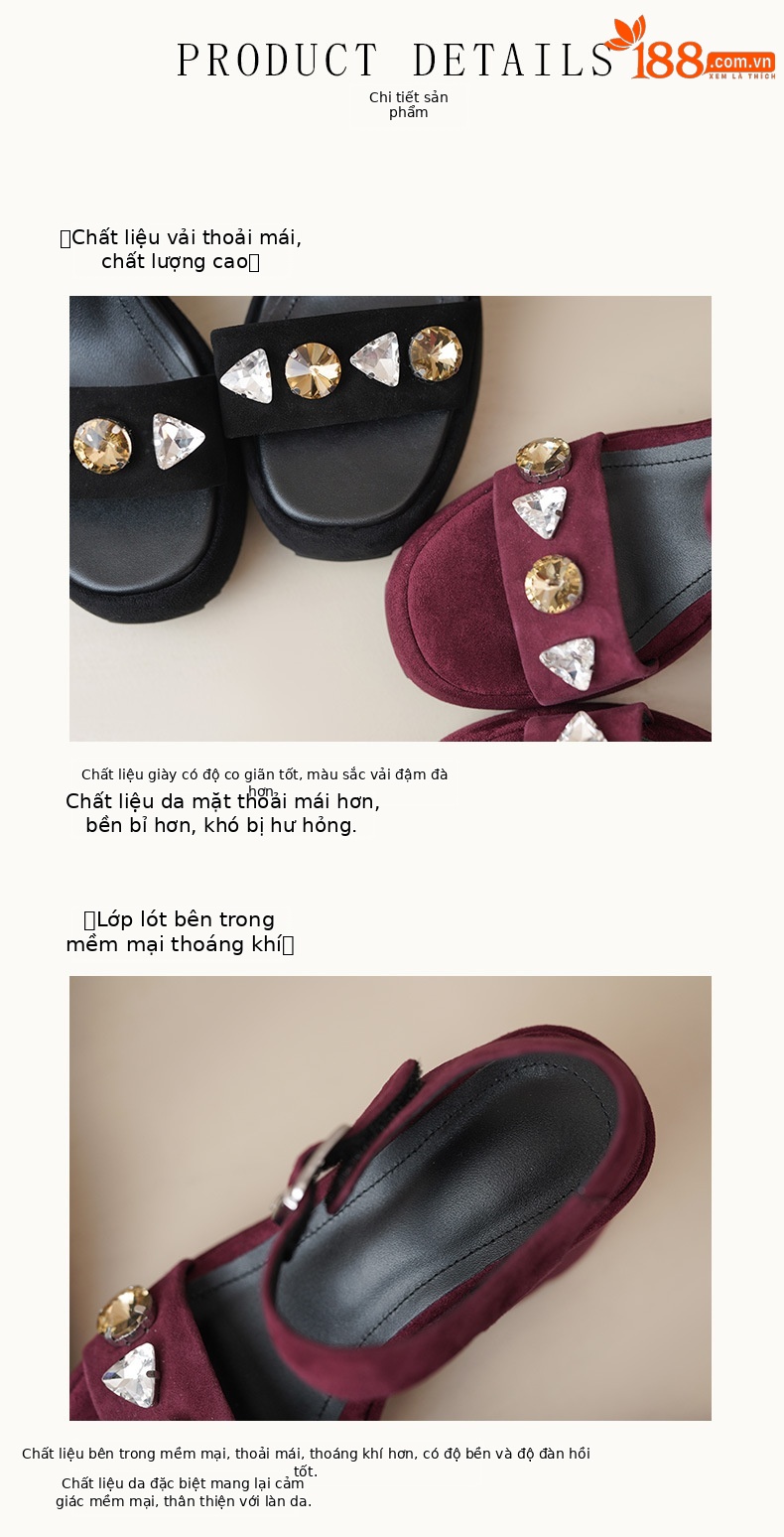 Sandal cao gót nữ quai ngang đế dày, mũi hở, phối đá lấp lánh, gót 9 cm — màu đen, Rượu vang đỏ chi tiết 7