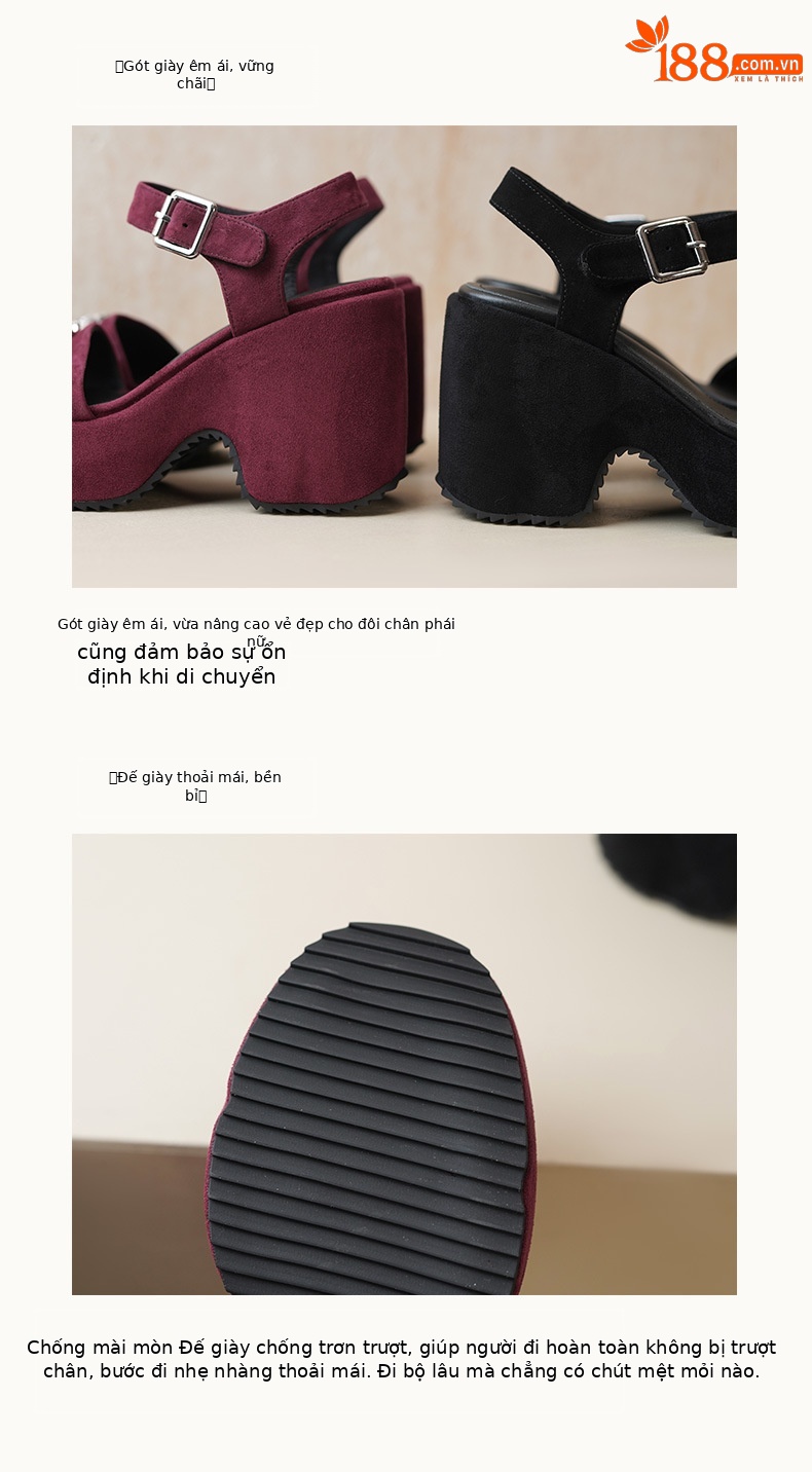 Sandal cao gót nữ quai ngang đế dày, mũi hở, phối đá lấp lánh, gót 9 cm — màu đen, Rượu vang đỏ chi tiết 8