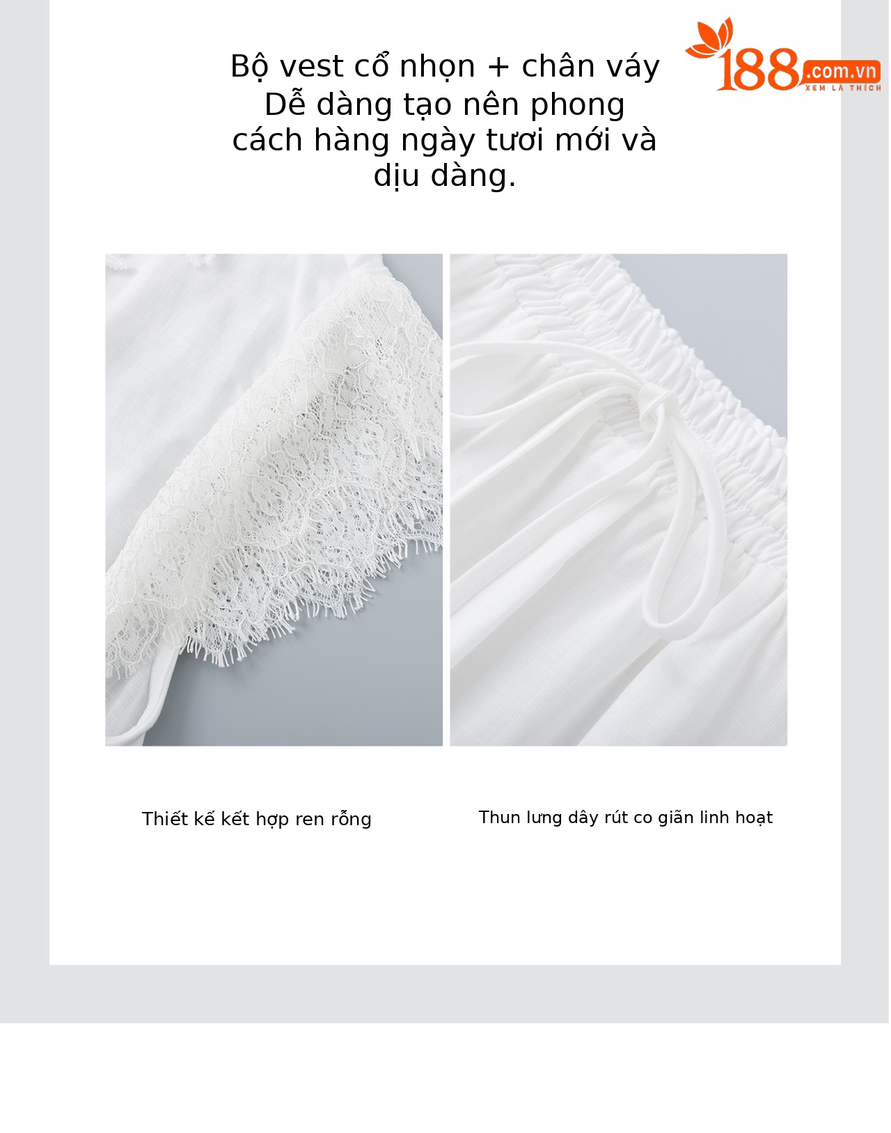 Bộ áo ren phối tay + chân váy xòe maxi nữ thắt eo mùa hè — màu trắng chi tiết 9