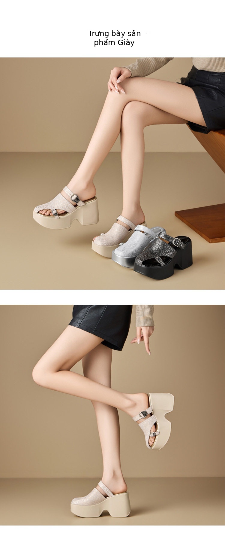 Sandal cao gót nữ hở mũi đế xuồng 10 cm da bò thật phong cách La Mã — [Đen], [Bạc], [Vàng nhạt] chi tiết 2