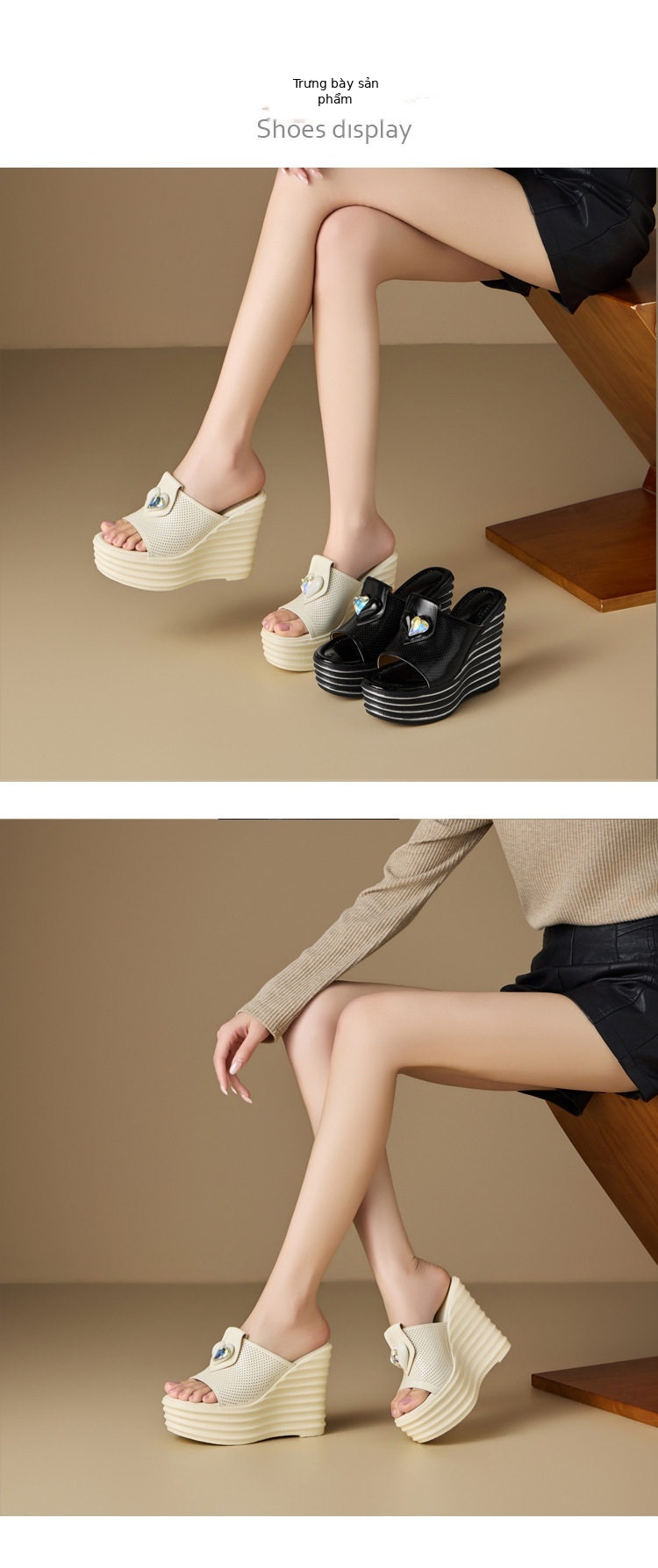 Dép sandal nữ quai chữ V da thật đế xuồng cao 12 cm — [Trắng kem], [Đen] chi tiết 2