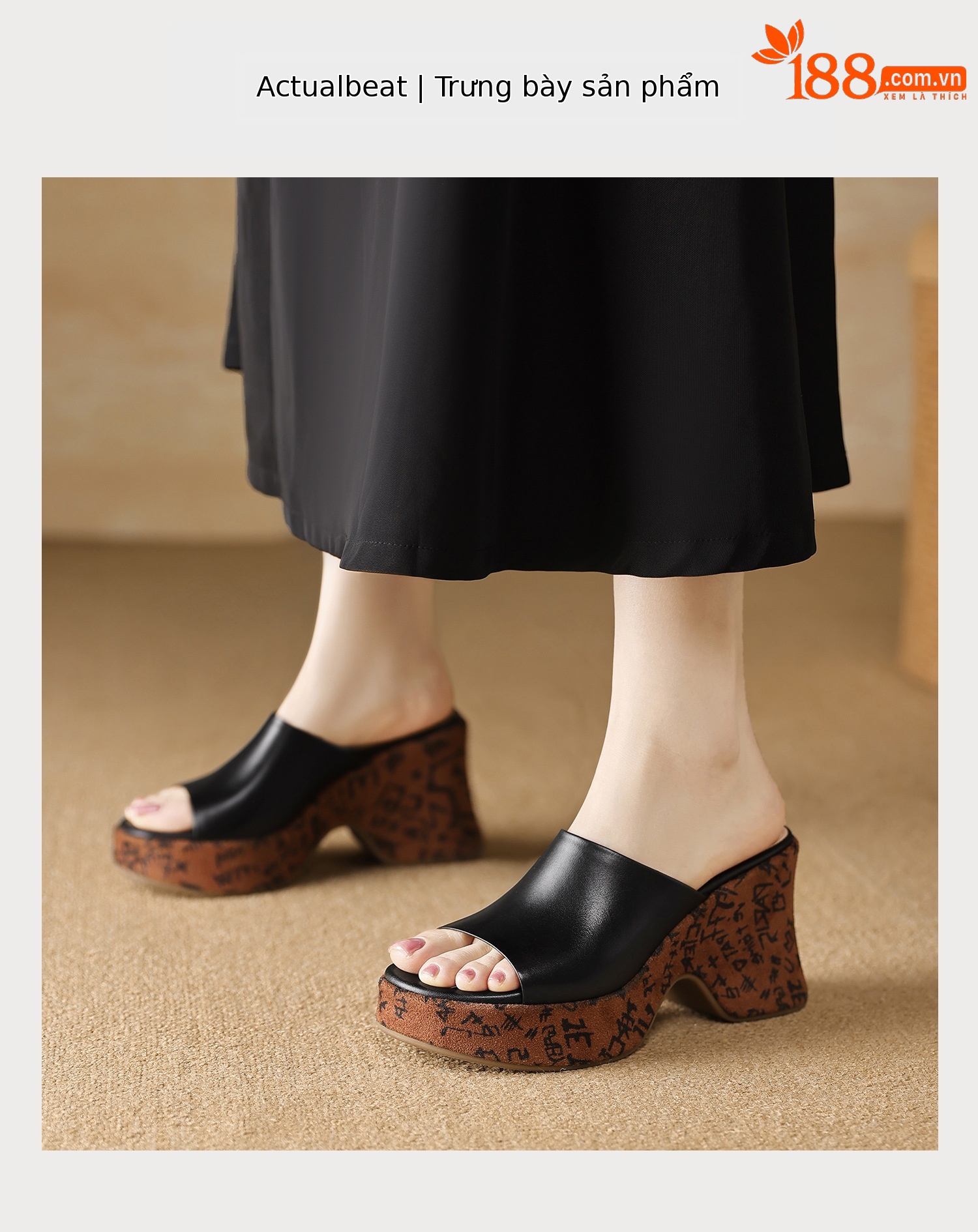 Dép sandal nữ quai chữ V đế xuồng cao phong cách Bohemian, chất liệu da thật, mũi hở, đế dày êm chân — màu đen, màu trắng ngà chi tiết 9
