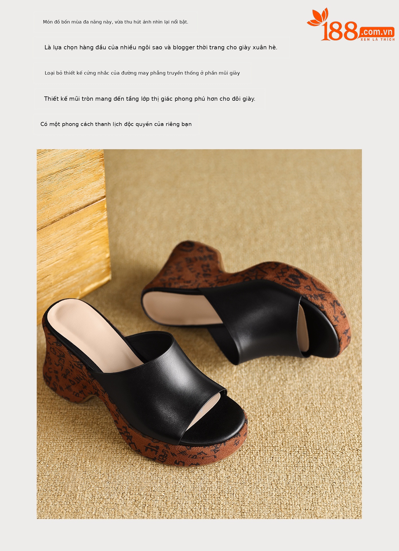 Dép sandal nữ quai chữ V đế xuồng cao phong cách Bohemian, chất liệu da thật, mũi hở, đế dày êm chân — màu đen, màu trắng ngà chi tiết 3