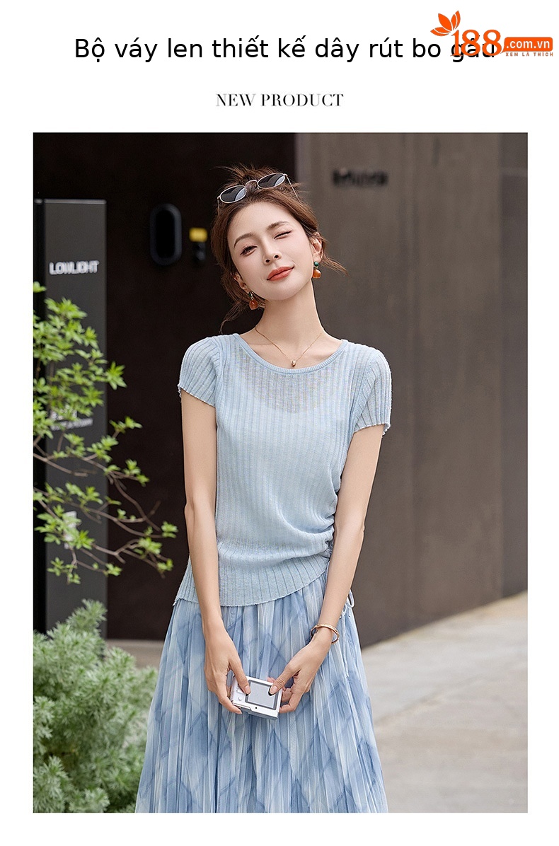 Bộ váy hai mảnh không tay thắt eo áo phối chân váy hoa nhí đi biển — xanh lam chi tiết 2