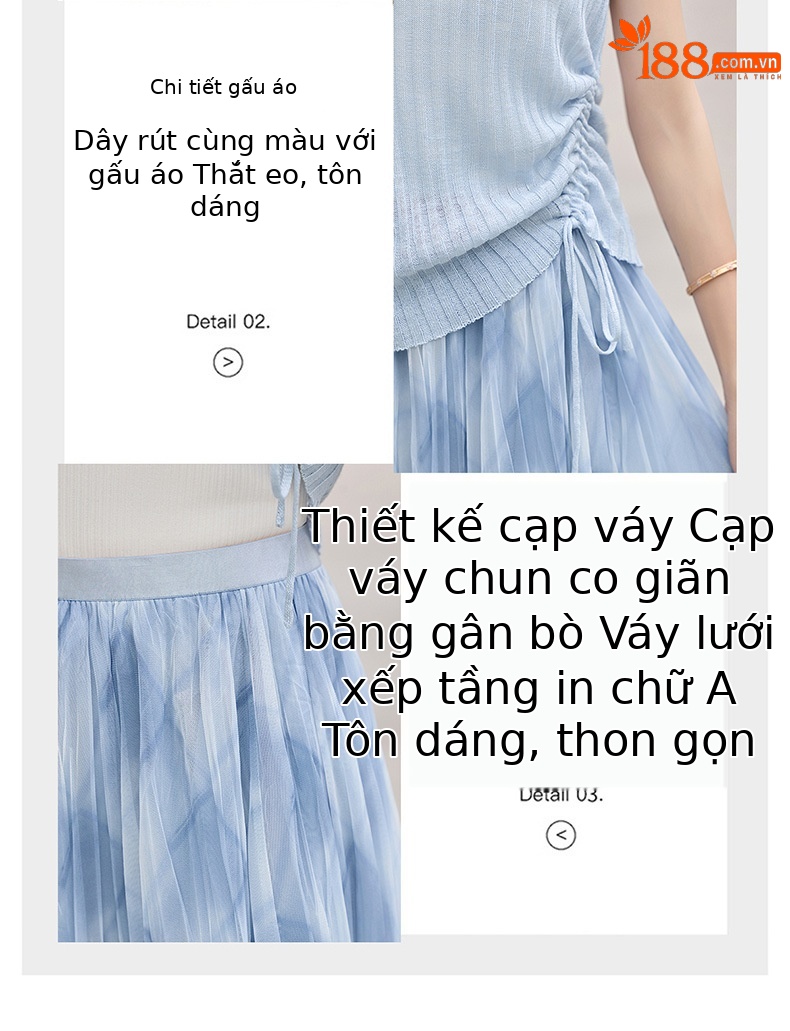 Bộ váy hai mảnh không tay thắt eo áo phối chân váy hoa nhí đi biển — xanh lam chi tiết 6