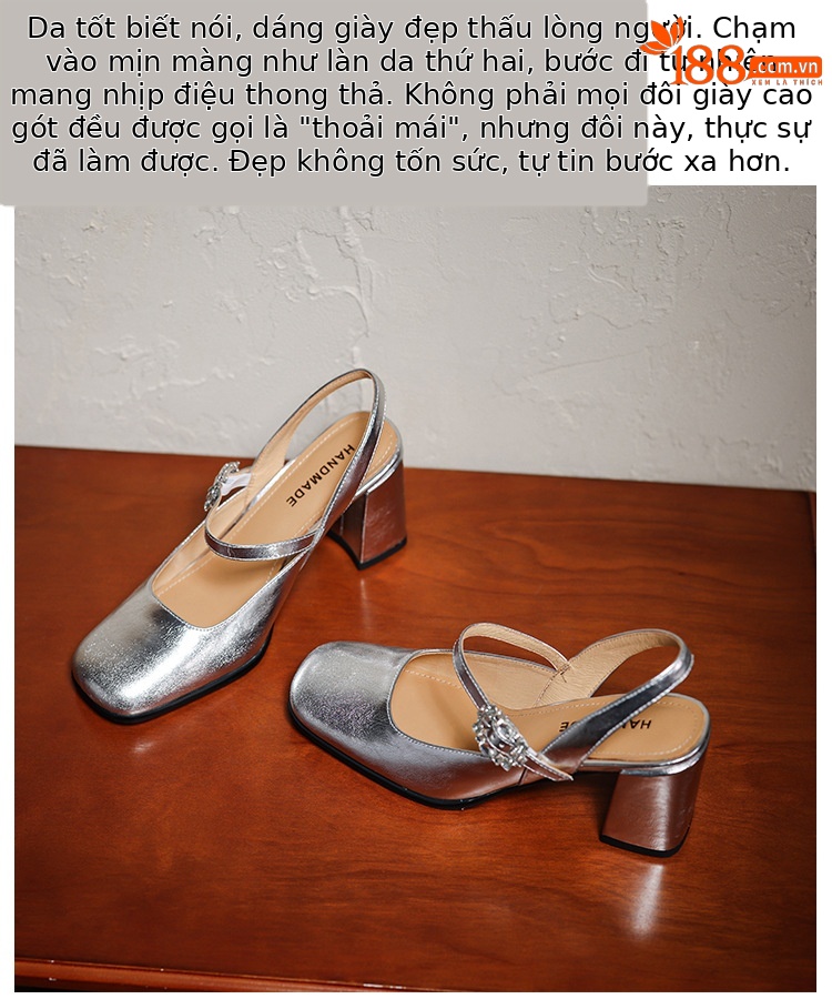 Giày sandal cao gót nữ quai ngang mũi tròn bít, gót 7 cm, phong cách Mary Jane — màu đen, Rượu vang đỏ, màu mơ, bạc chi tiết 8