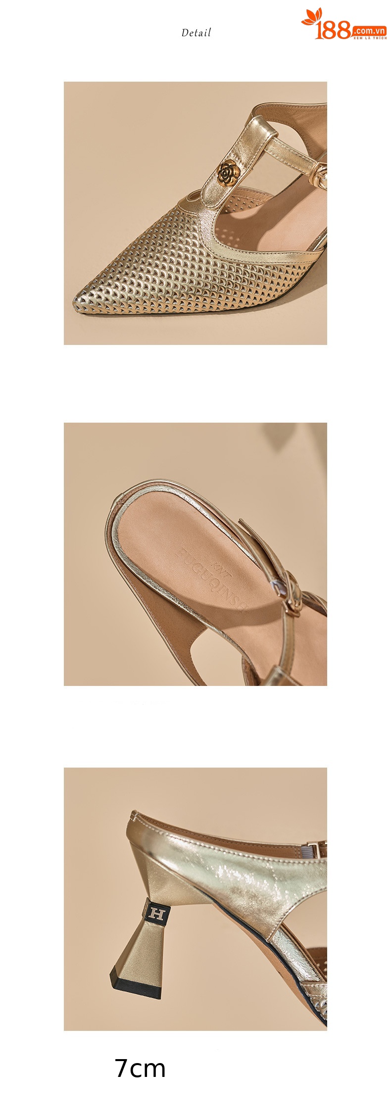 Sandal cao gót nữ quai chữ T mũi nhọn hở mũi, gót 7 cm — màu vàng chi tiết 12