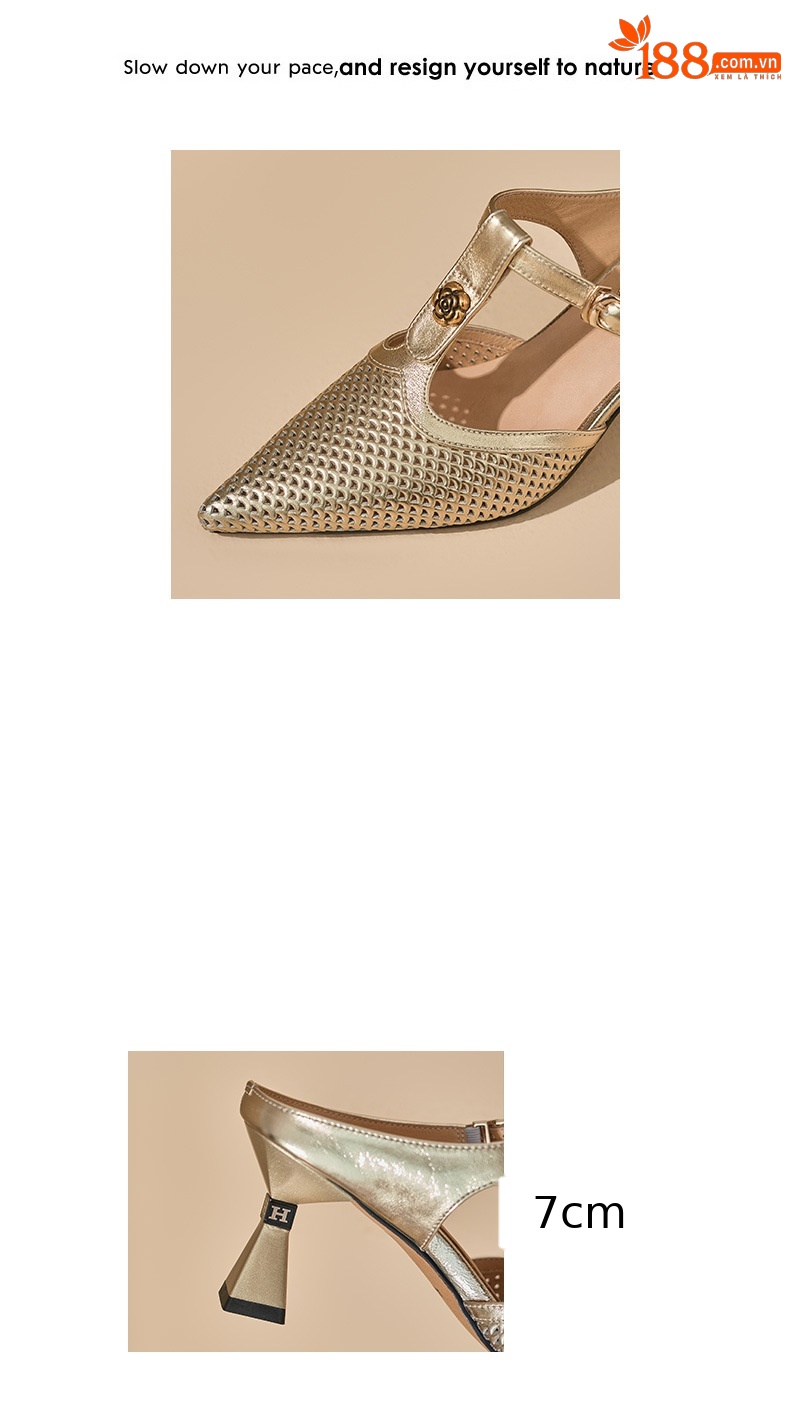 Sandal cao gót nữ quai chữ T mũi nhọn hở mũi, gót 7 cm — màu vàng chi tiết 2