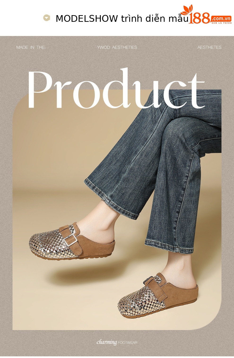 Giày sandal nữ hở mũi đính đá pha lê Burken mùa hè 2026, dáng nửa dép đi làm tiện lợi — 6099 lạc đà, 6099 Vàng chi tiết 3