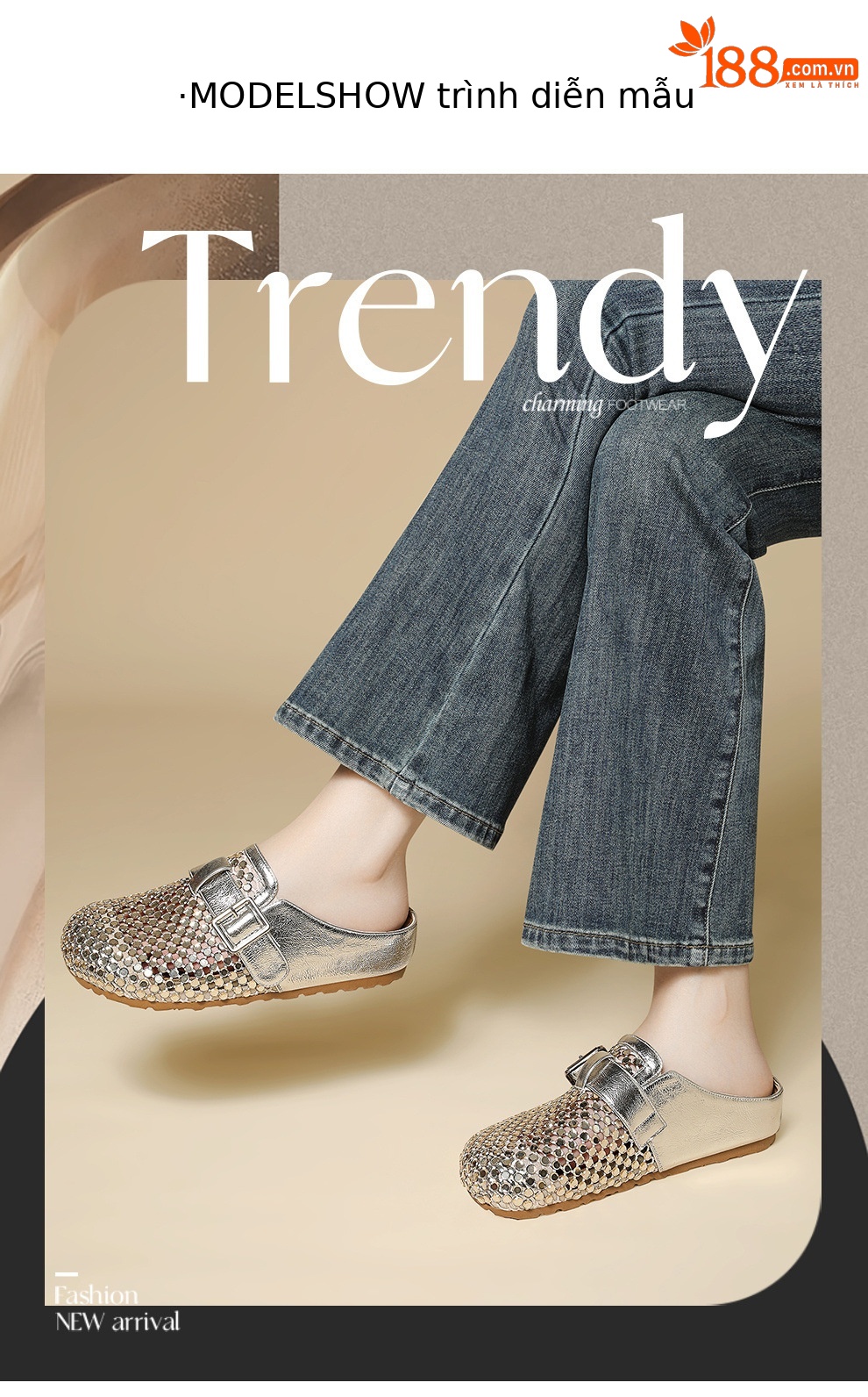 Giày sandal nữ hở mũi đính đá pha lê Burken mùa hè 2026, dáng nửa dép đi làm tiện lợi — 6099 lạc đà, 6099 Vàng chi tiết 4