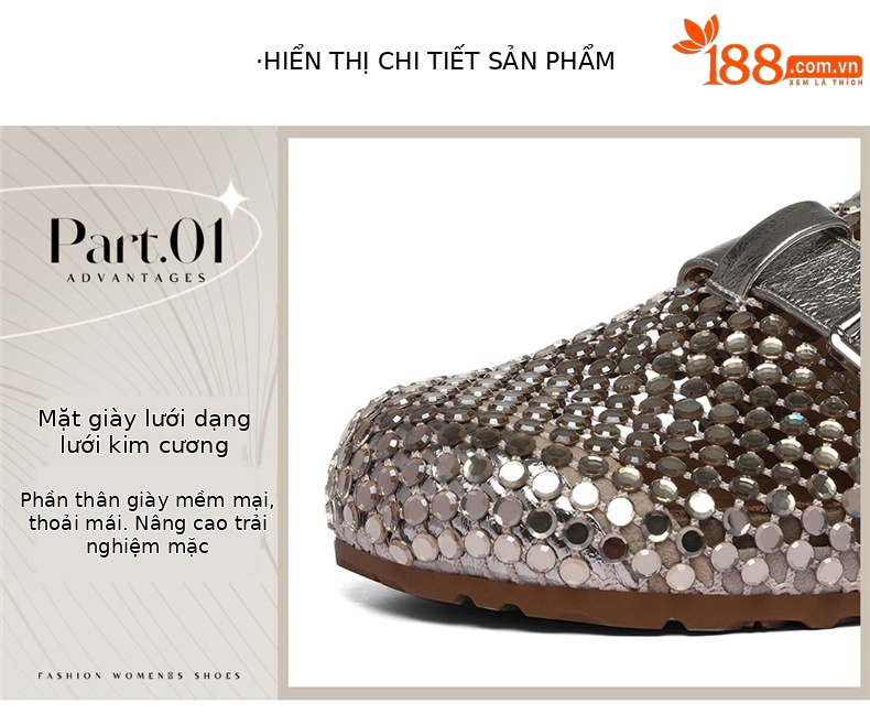 Giày sandal nữ hở mũi đính đá pha lê Burken mùa hè 2026, dáng nửa dép đi làm tiện lợi — 6099 lạc đà, 6099 Vàng chi tiết 5