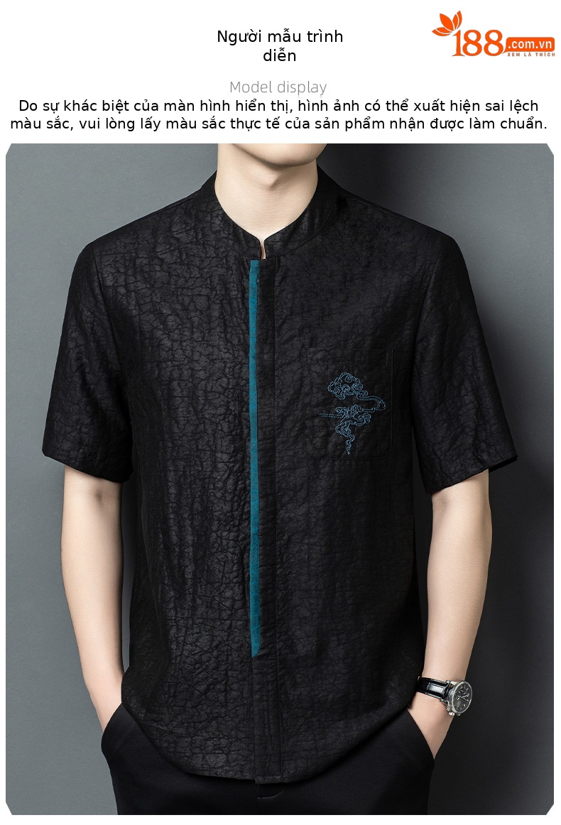 Áo sơ mi ngắn tay nam cổ đứng lụa tơ tằm 100% Mulberry Silk phong cách vintage — Da đen 26638 chi tiết 7
