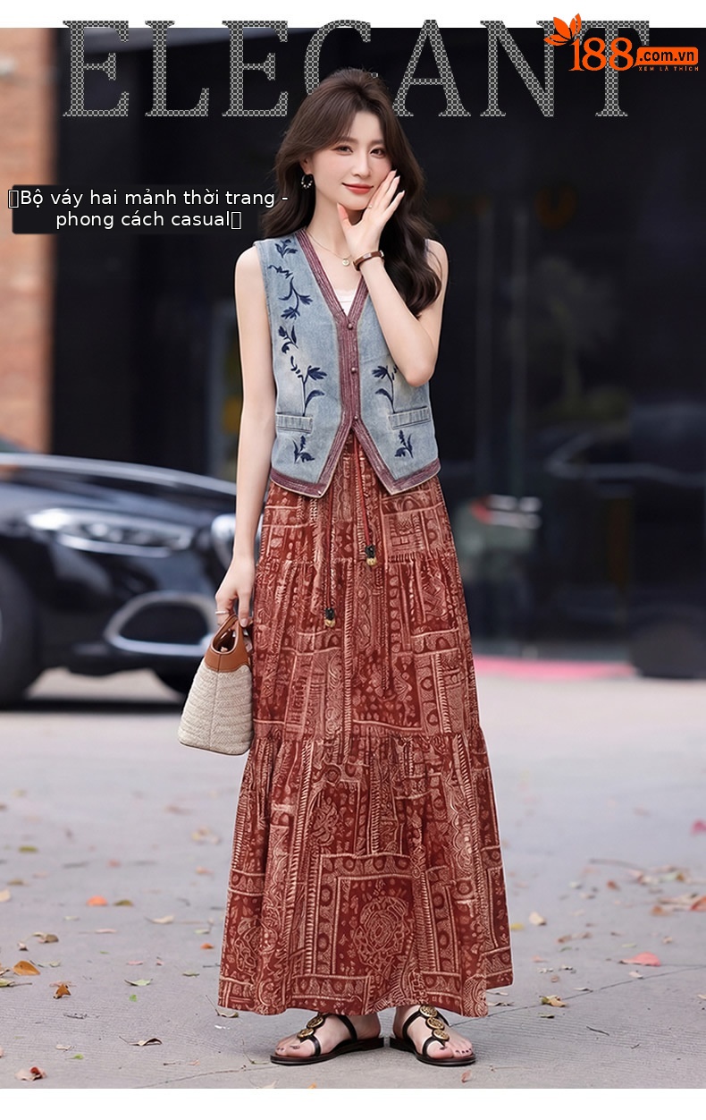 Set áo vest ren và chân váy midi hai mảnh nữ tính họa tiết thêu hoa — màu đỏ chi tiết 1