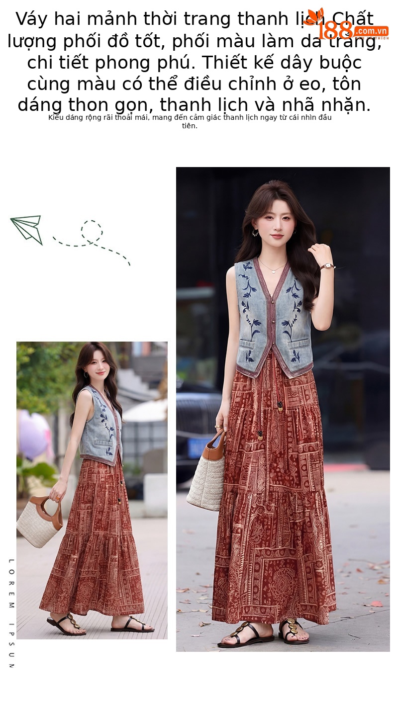 Set áo vest ren và chân váy midi hai mảnh nữ tính họa tiết thêu hoa — màu đỏ chi tiết 2