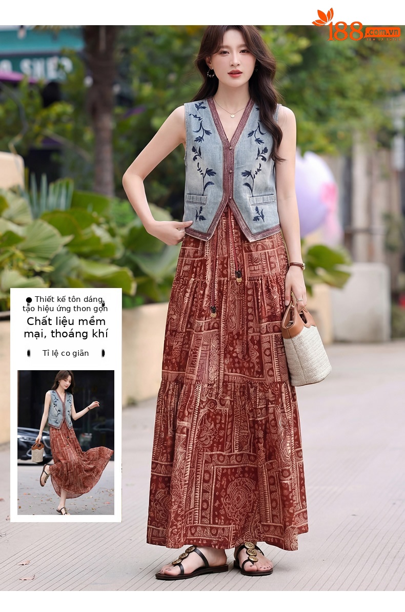 Set áo vest ren và chân váy midi hai mảnh nữ tính họa tiết thêu hoa — màu đỏ chi tiết 3