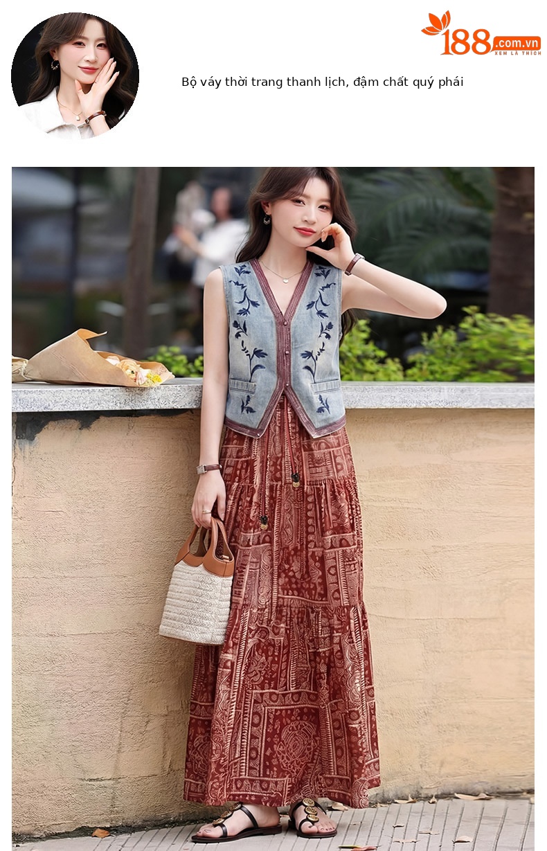 Set áo vest ren và chân váy midi hai mảnh nữ tính họa tiết thêu hoa — màu đỏ chi tiết 4