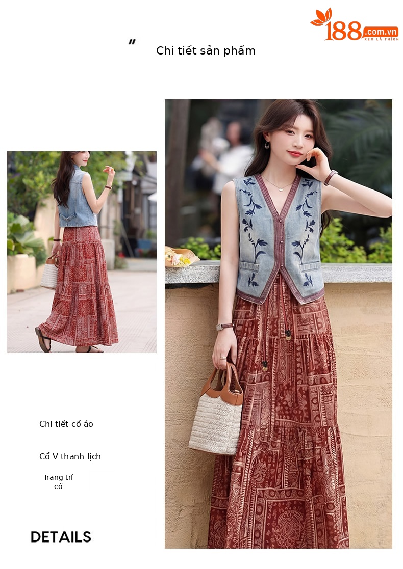 Set áo vest ren và chân váy midi hai mảnh nữ tính họa tiết thêu hoa — màu đỏ chi tiết 5