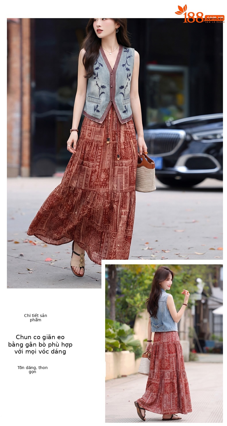 Set áo vest ren và chân váy midi hai mảnh nữ tính họa tiết thêu hoa — màu đỏ chi tiết 6