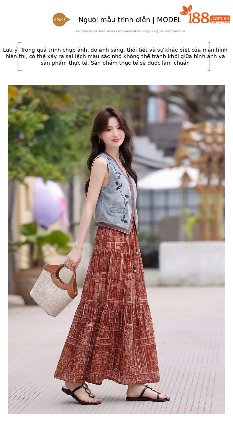 Set áo vest ren và chân váy midi hai mảnh nữ tính họa tiết thêu hoa — màu đỏ chi tiết 7