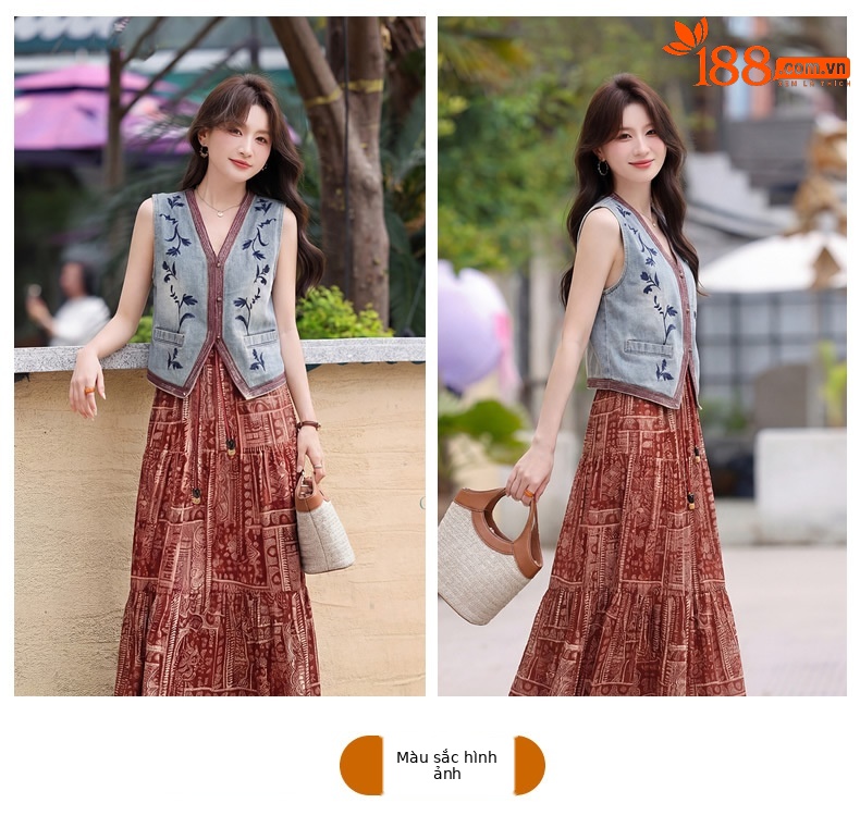 Set áo vest ren và chân váy midi hai mảnh nữ tính họa tiết thêu hoa — màu đỏ chi tiết 12