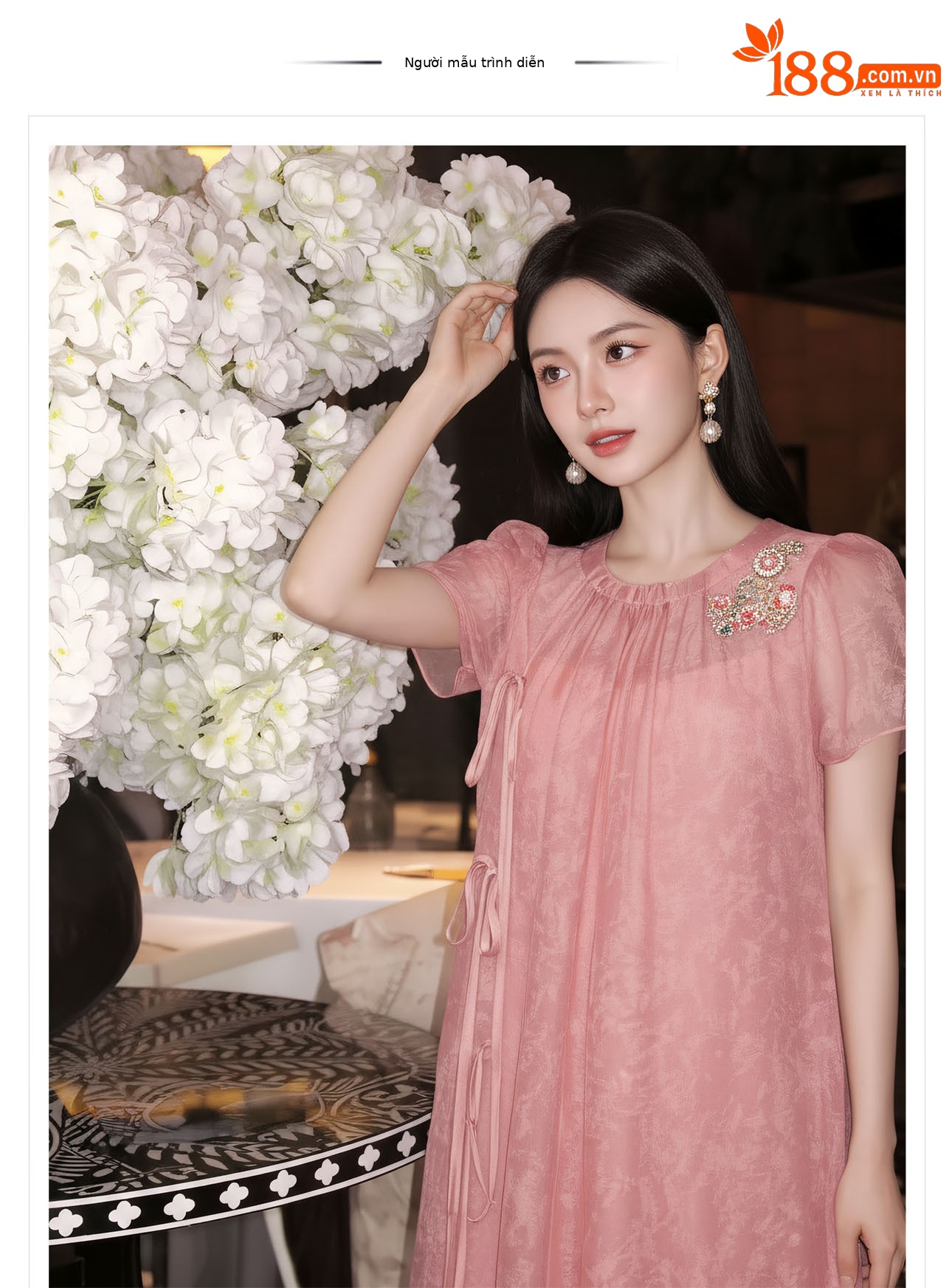 Đầm maxi nữ thắt eo phong cách Tân Trung Hoa tay ngắn — Hồng【Phiên bản tay ngắn】 chi tiết 1