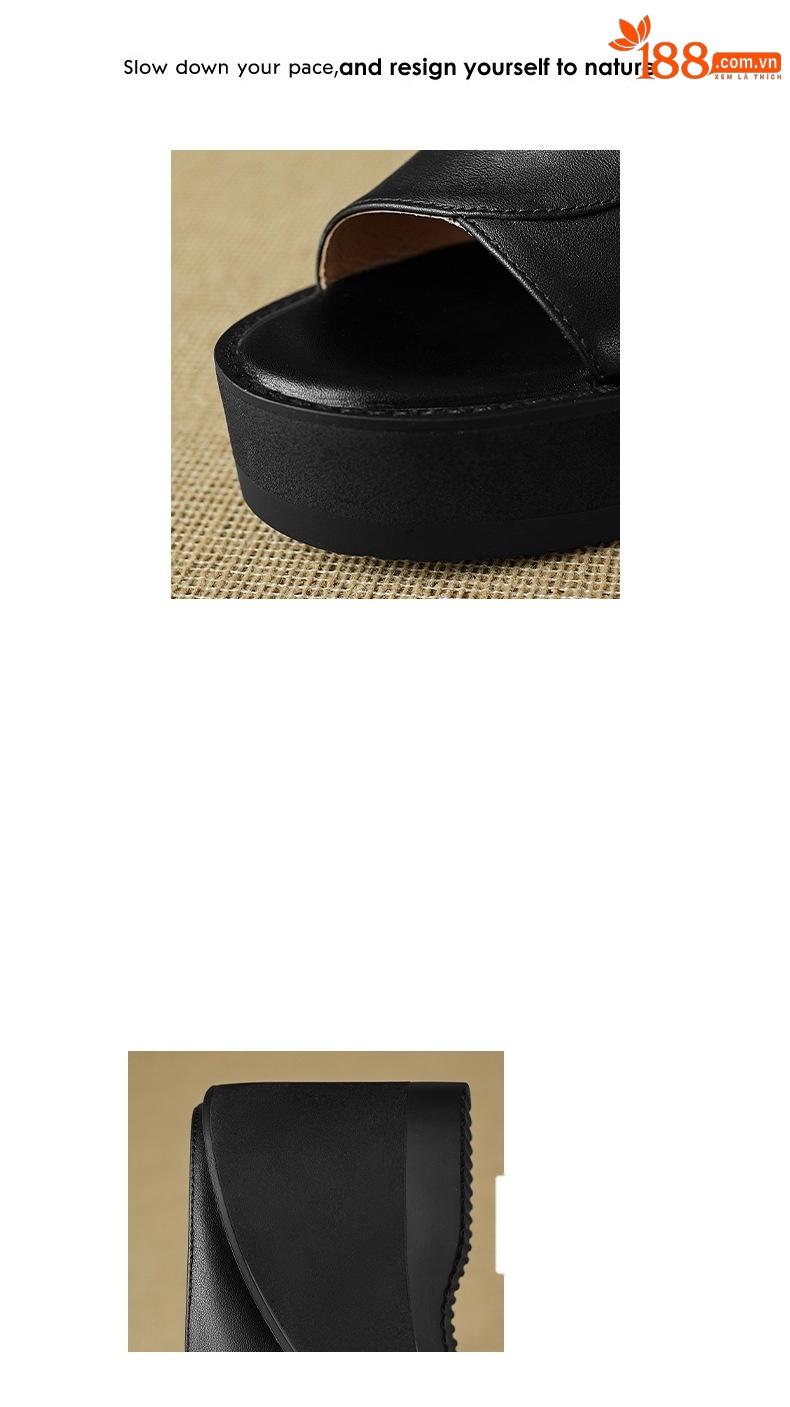 Dép sandal nữ quai chữ V đế xuồng cao gót 9 cm da bò mũi cá — đen chi tiết 3