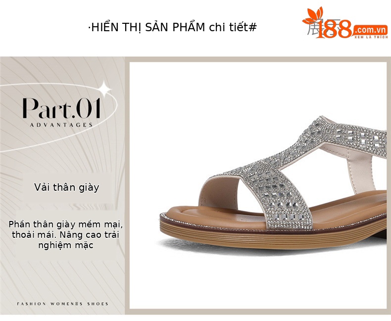 Giày sandal cao gót nữ hở mũi đính kim cương quai chữ T phong cách La Mã — 6109 Bạc, 6109 Vàng chi tiết 5