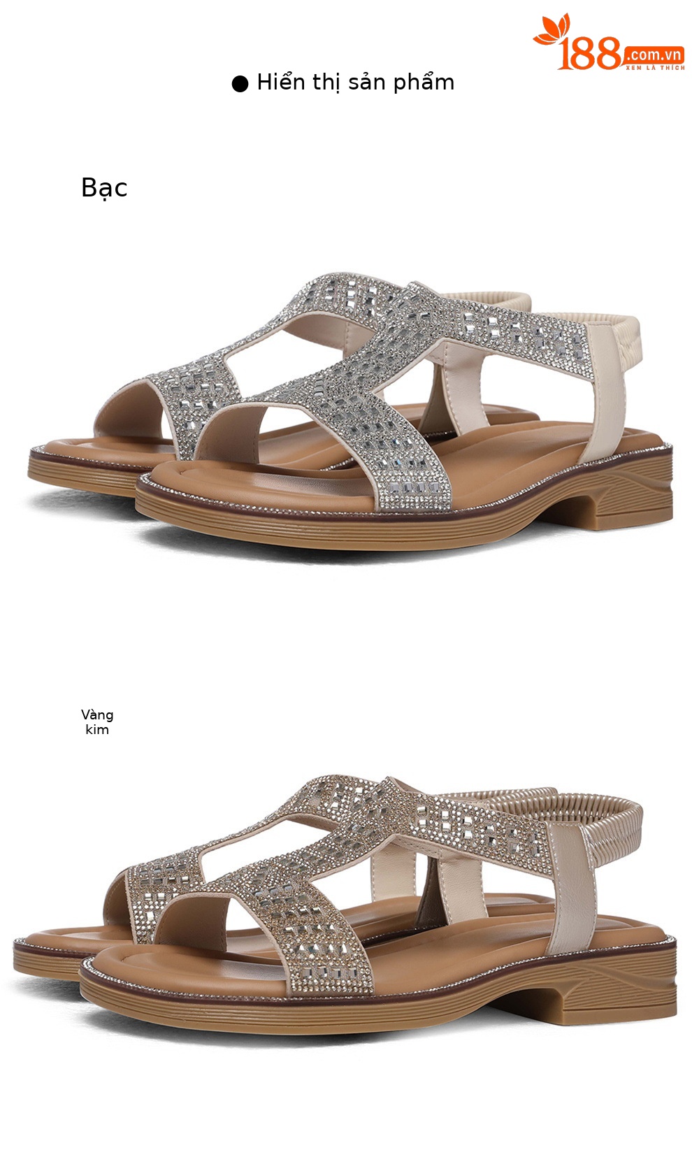 Giày sandal cao gót nữ hở mũi đính kim cương quai chữ T phong cách La Mã — 6109 Bạc, 6109 Vàng chi tiết 8