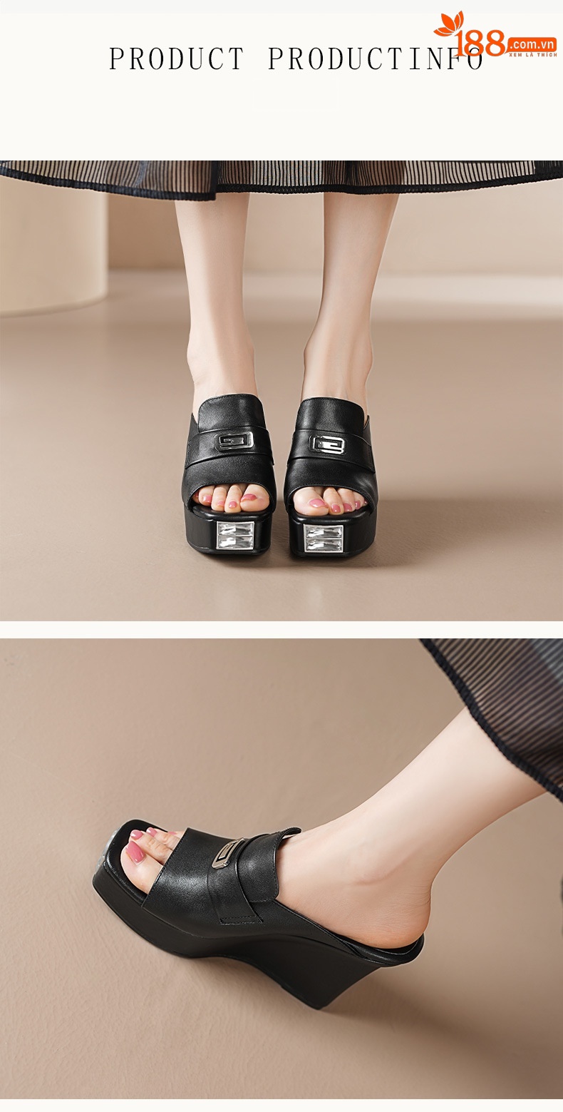 Sandal cao gót nữ mũi cá hở ngón, đế dốc dày da bò, gót 10.5 cm — Lời bài hát: Black (Sheep Flip) chi tiết 4