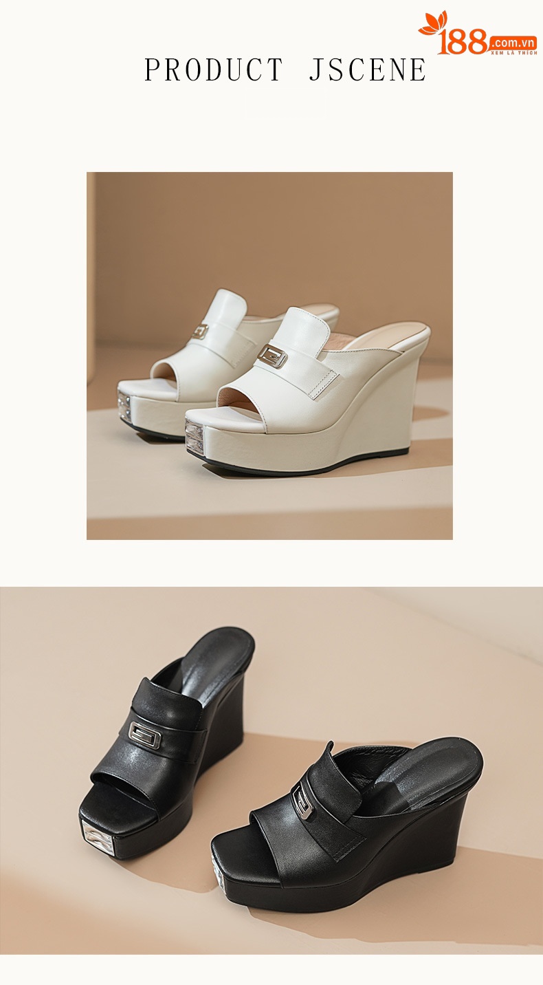 Sandal cao gót nữ mũi cá hở ngón, đế dốc dày da bò, gót 10.5 cm — Lời bài hát: Black (Sheep Flip) chi tiết 7