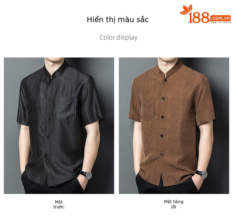 Áo sơ mi nam tay ngắn cổ đứng chất lụa mềm mại, phong cách rộng thùng thình — Da đen 26632 chi tiết 6