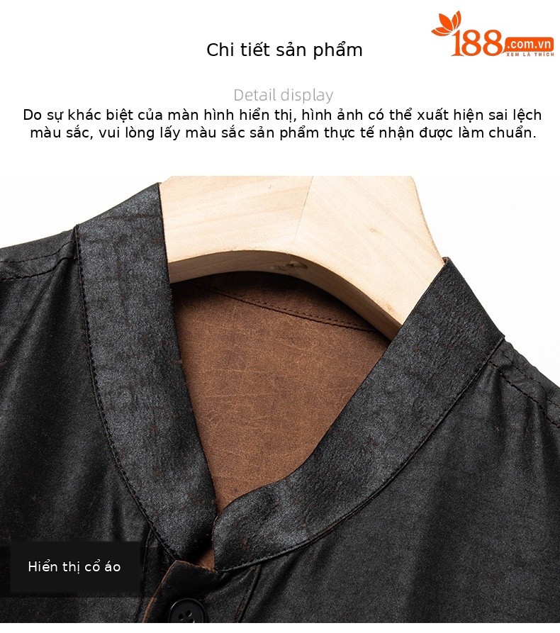Áo sơ mi nam tay ngắn cổ đứng chất lụa mềm mại, phong cách rộng thùng thình — Da đen 26632 chi tiết 16
