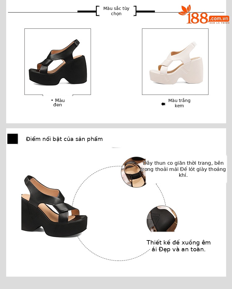 Sandal cao gót nữ hở mũi phong cách La Mã, đế xuồng, gót 9 cm, da cừu mềm — màu đen, màu trắng ngà chi tiết 2