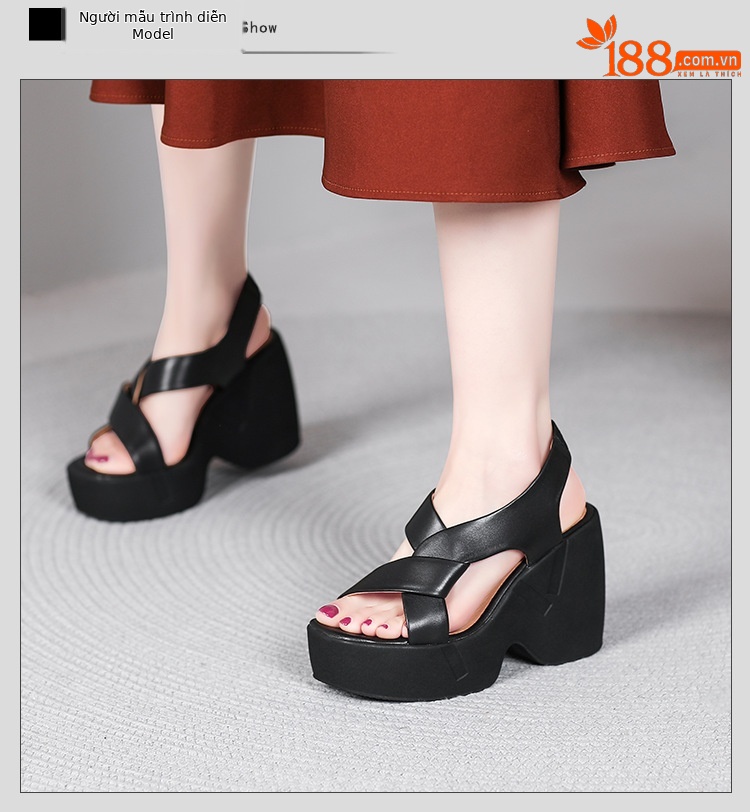 Sandal cao gót nữ hở mũi phong cách La Mã, đế xuồng, gót 9 cm, da cừu mềm — màu đen, màu trắng ngà chi tiết 3