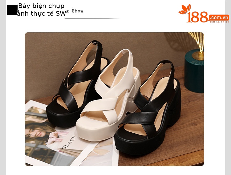 Sandal cao gót nữ hở mũi phong cách La Mã, đế xuồng, gót 9 cm, da cừu mềm — màu đen, màu trắng ngà chi tiết 13
