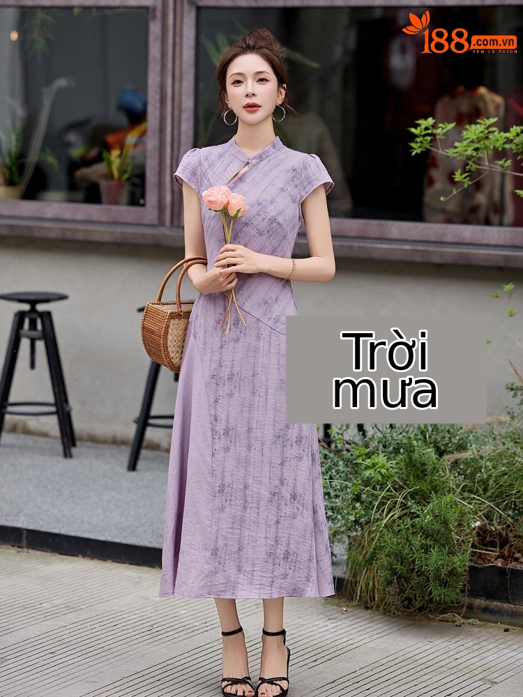 Đầm maxi cổ đứng tay ngắn dáng suông thắt eo phong cách Trung Hoa hiện đại — màu tím
