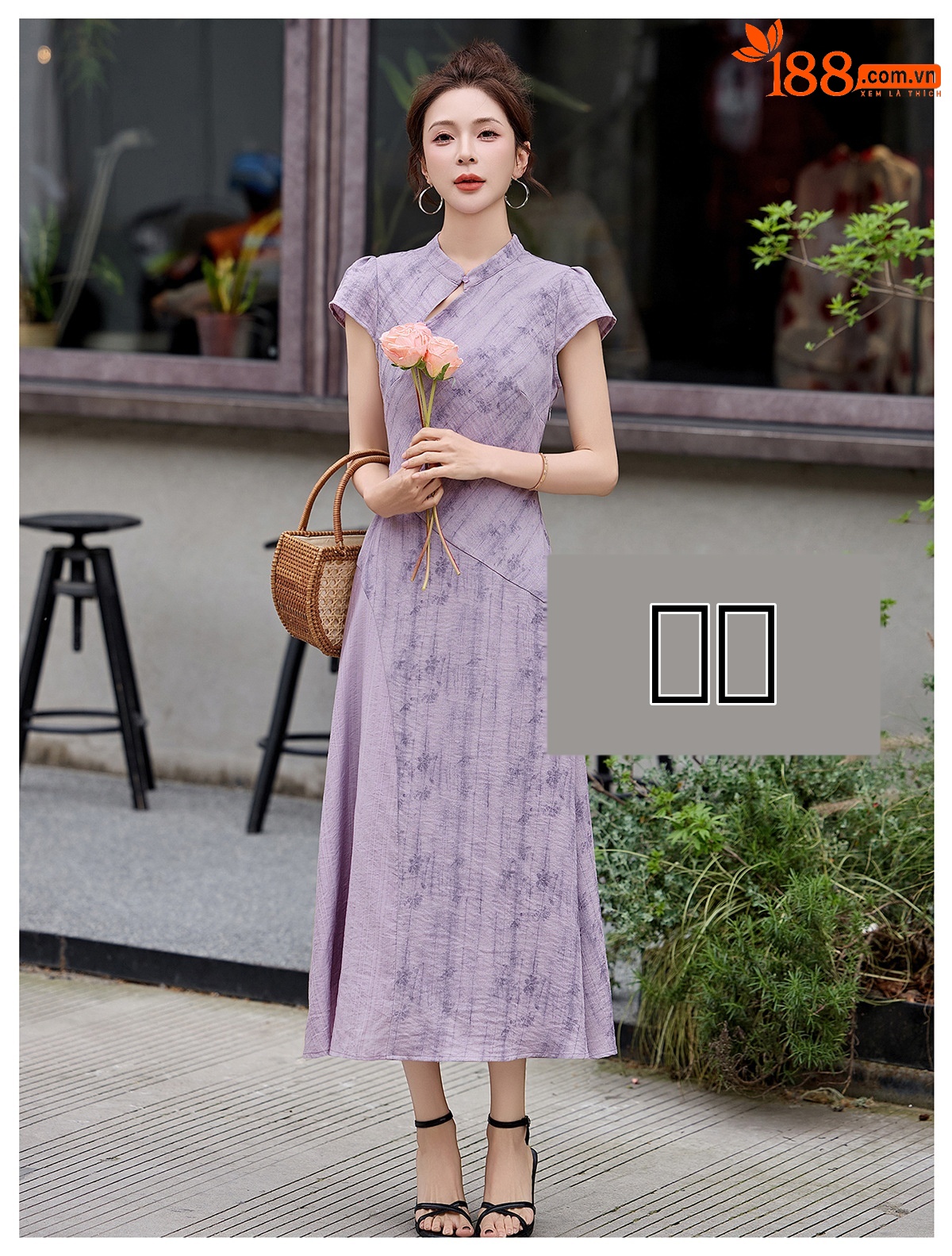 Đầm maxi cổ đứng tay ngắn dáng suông thắt eo phong cách Trung Hoa hiện đại — màu tím chi tiết 9