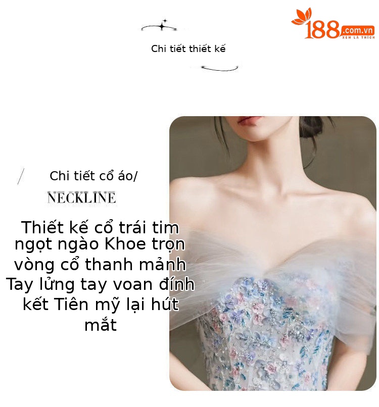 Đầm maxi nữ thêu hoa xanh cổ yếm dáng công chúa — Màu ảnh chi tiết 4