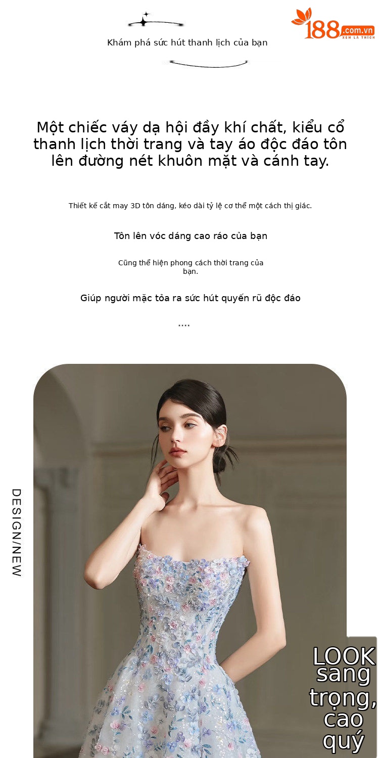 Đầm maxi nữ thêu hoa xanh cổ yếm dáng công chúa — Màu ảnh chi tiết 2