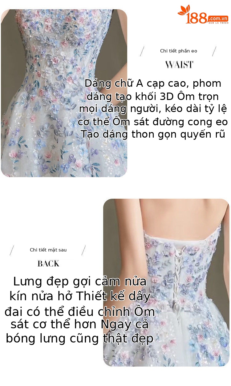 Đầm maxi nữ thêu hoa xanh cổ yếm dáng công chúa — Màu ảnh chi tiết 5